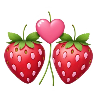 Two strawberries with a pink bow on the stem, with a pink background and white hearts sticker