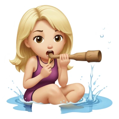 blond woman sitting on her knees, biting a wide stick with a D-shaped knob, both the same color as her skin, the knob has visible skin texture, water jet shooting from the flat side of the knob into her mouth, surprised look sticker