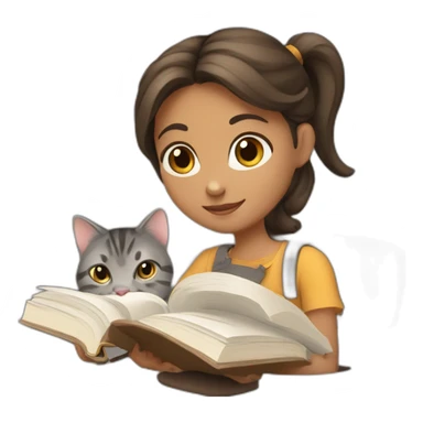 Brown hear Girl working with books and a gray tabby cat sticker
