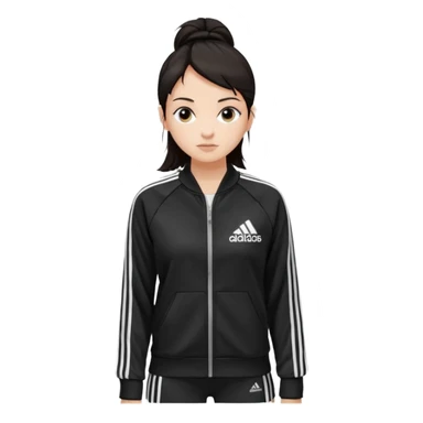 A girl with  medium length, dark hair, fair skin. The style is a layered cut that falls around her shoulders. wore black Adidas track jacket with white stripes on the sleeves. It has a full zipper down the front, a stand-up collar, and the Adidas logo on the right chest emoji sticker