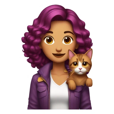 chica con pelo marron y mechas moradas con un gato sticker