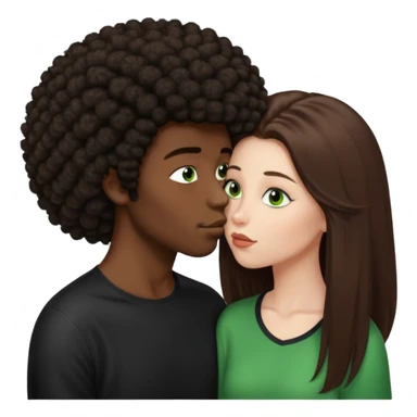 girl with long brown straight hair and green eyes kissing dark boy with afro and big nose sticker