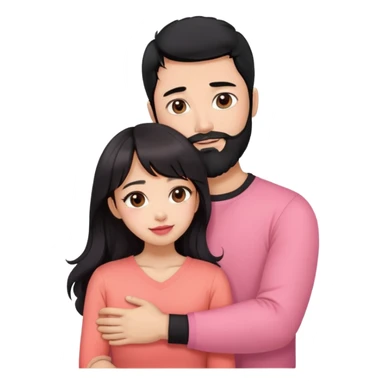 handsome asian man with black hair and beard, hugging cute woman with light tan skin, big black eyes, long wavy reddish brown hair, bangs, pink top, coral lipstick sticker