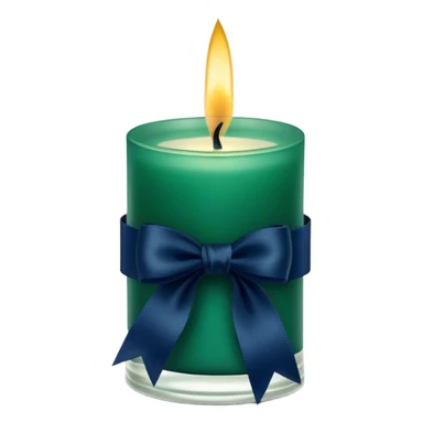 A charmingly arranged composition of a glass candle in a rich emerald shade, placed next to a carefully folded navy blue ribbon. sticker