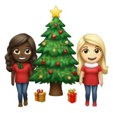 A Christmas tree that says “besties “ with three girls , 2 brunettes and a Blonde next to the tree  sticker