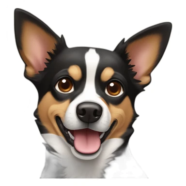 black and brown mutt dog with small german shephard head but larger chihuahua eyes and large overbite with left upper sharp canine tooth a crooked and sticking out mouth sticker