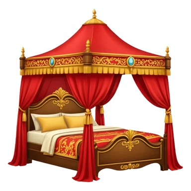 bed with red and gold sheets, wooden, canopy sticker