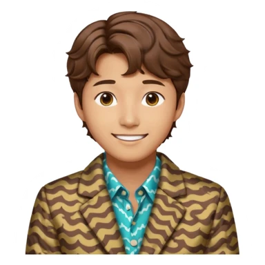 Design a Korean male idol with wavy brown hair, patterned jacket & cheerful smile, inspired by V of BTS. sticker
