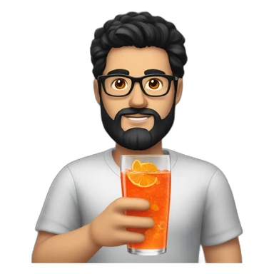 White man with black hair, black beard and glasses Holding an aperol spritz sticker