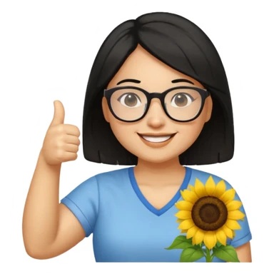 Make my biology teacher shes light brown, wears glasses, female, fat, sunflower shirt under and make her give 1 thumbs up and she has black hair and chubby sticker