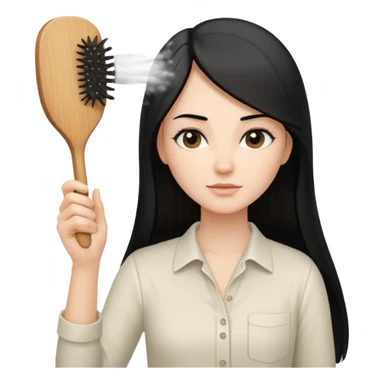 A white woman with long, straight black hair, wearing an ivory-colored shirt, holding a small square wooden paddle hairbrush in her left hand and spraying a hair mist bottle with her right hand toward her hair. sticker