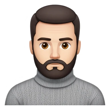 Man with square face, trimmed full beard, thick eyebrows, short dark hair combed back. Serious-neutral expression. Light gray thick knit sweater with folded collar. sticker