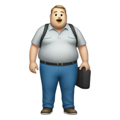 fat man in a blue shirt calling with cell phone sticker