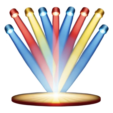 An emoji of stage lights shining brightly. Multiple spotlights in different colors (blue, yellow, red) angled towards a stage, creating a dramatic and concert-like atmosphere. Beams of light cutting through the darkness with a slight glow effect sticker