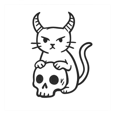 black cat with prominent demon horns, front paws placed on a human skull, hand drawn style, sketchy lines, no fill sticker