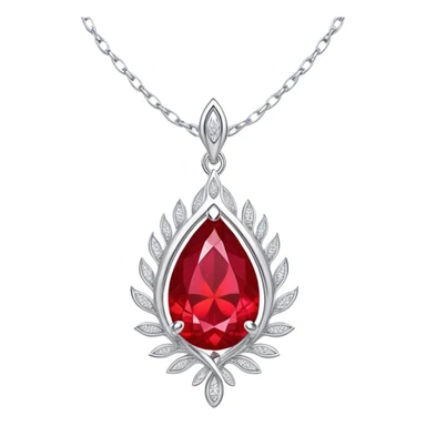 teardrop ruby pendant with fiery light, tiny phoenix feather emerging, haloed by shimmering white stones, silver chain like liquid moonlight sticker