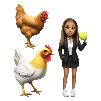 generate a emoji of ariana grande playing tennis in a suit with a chicken on her head and the tennis ball is dwayne the rock johnson sticker