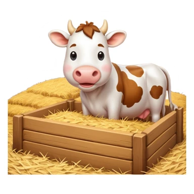 cute cow feeding scene inside a cow barn, wooden stable, hay bales, feeding trough, happy cow eating hay, warm farm lighting, 3D cartoon, mobile game icon style, clean background, no text, no watermark
 sticker