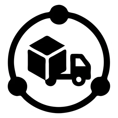 Minimalistic icon for 'Supply Chain Experience' featuring a logistics symbol, designed in a solid black filled style, with a circular layout and interconnected nodes. sticker