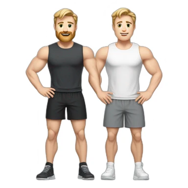 Full height Actively gesturing with hands Pale skinned Fit Man With the biceps and light brown hair with Bristle in dark gray Sleeveless Mike, black oversize sports shorts and white Sneakers sticker
