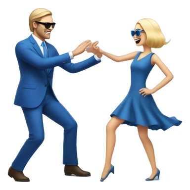 A white-skinned man in a blue suit, square sunglasses is dancing to full-length music in front of a girl in a blue dress, they look at each other and dance sticker
