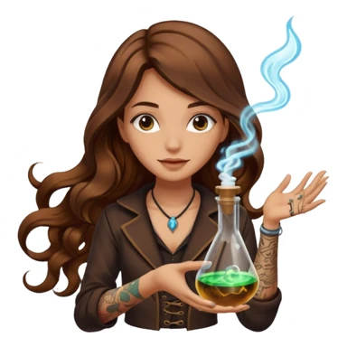 alchemist woman long wavy brown hair tattoos flipping glowing vial sticker