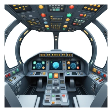 first person view inside spaceship cockpit with control panel and space visible through windshield sticker