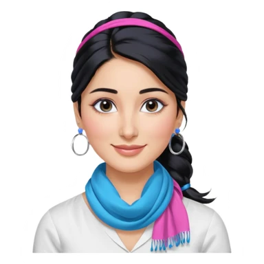 generate a pretty bratz emoji 
Make her wear a white shirt with a colorful blue-pink scarf wrapped around her neck. smiling big. Black hair tied into a side part ponytail, silver hoops and no necklace

She should look exactly  like Kareena Kapoor. kajal under eyes sticker