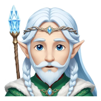 Legendary fantasy Christmas elf portrait icon, Santa Claus and Snow Maiden inspired, ancient winter spirit style, long flowing white-blue hair, glowing frost eyes, crystal staff, elegant elven features, divine winter magic aura, icy silver color palette, highly detailed but clean emoji icon male sticker