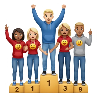 multi-racial group on a winners’ podium with the middle step higher, all in jeans, t-shirts, and hoodies, excited, fun, expressive emoji style sticker