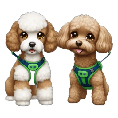 Brown toy poodle with dark blue harness and white Maltese with green harness sticker