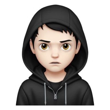 Vampire boy with the short black hair, pale scin, black eyes, little fangs and dark circles under his eyes. He has serious face and he wear a black hoodie sticker