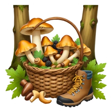 Icon for Mushroom and Berry Tourism: a basket filled with mushrooms chanterelles, boletus and aspen and berries, surrounded by forest elements like trees, leaves and a hiking boots. The icon should capture the joy of foraging in nature. Transparent background. sticker