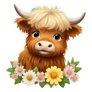 Cute Fluffy Highland cow baby sitting with flowers in hair sticker