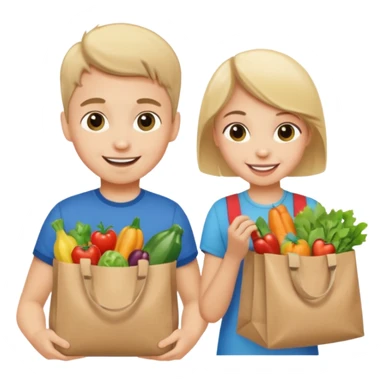 caucasian kids putting groceries in bags smiling sticker