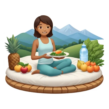 A person in the sun, with a plate of whole foods, water bottle, and glowing bed behind them. Nearby, smiling friends gather—symbolizing balance, healing, and connection through simple daily rituals. sticker