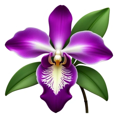 Cinematic Realistic Orchid Emoji, Exotic and elegant, with intricate, velvety petals in deep purple and white, forming a delicate and symmetrical blossom. The slender green stem holds the flower high, while surrounding leaves add lush contrast. Soft glowing outline, capturing the essence of rare beauty and sophistication in a captivating orchid. sticker
