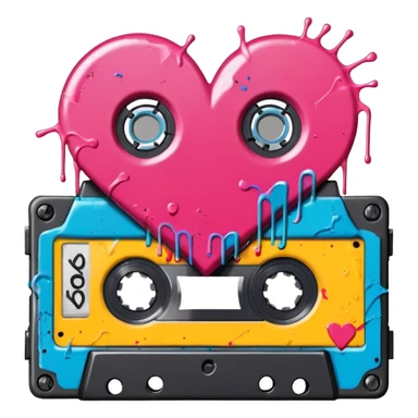 Colorful graffiti illustration of a realistic music cassette tape, a hand drawn heart shape filled in with color markers appears on the label of the tape. solid white background, with some paint spatter behind cassette  sticker