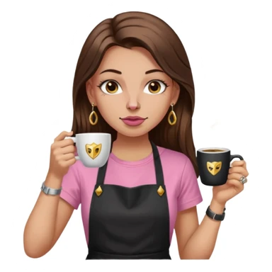 Fille cheveux long châtain, peau beige type européen, teeshirt rose avec un tablier noir, piercing au nez anneau doré, boucle d’oreille diamant doré. Elle boit un café. tatouage à la gorge  sticker