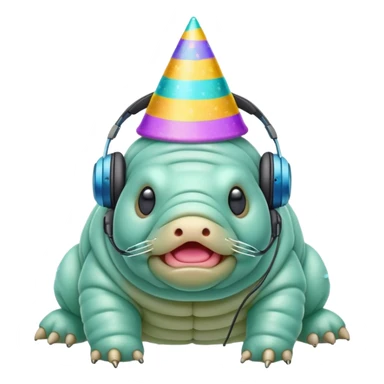 microscopic tardigrade wearing headphones and a party hat sticker