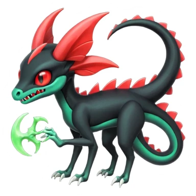 Horned Obsidian-black and neon-glowing-green skeletal Meloetta-Salandit-Gorebyss-Salazzle-Pokémon-Fakémon-creature-fusion-hybrid with glowing crimson-red evil slit eyes sticker