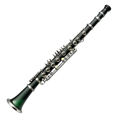 Create an elegant and refined emoji representing A clarinet. The design should showcase the sleek, black wood finish of the clarinet with its shiny metal keys and elegant detailing. Include the distinct, high-quality features of the Green Line model, such as the unique greenish tint of the wood, giving it a modern and sophisticated look. Add subtle elements like the mouthpiece with the reed, emphasizing its importance in sound production. Use dark tones like ebony, silver for the keys, and soft light reflections to evoke a professional, classical feel. The background should be transparent. sticker