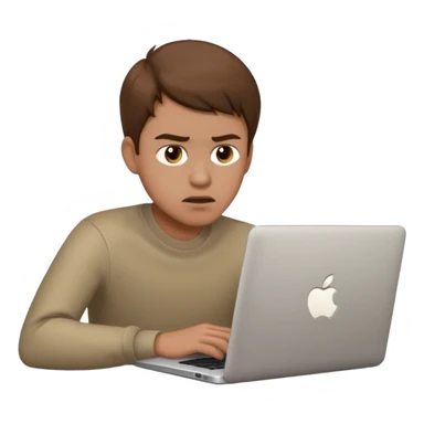 memoji of a man with a laptop in front, apple-style,modern,brown hair light skin ton and a bit frasturated sticker
