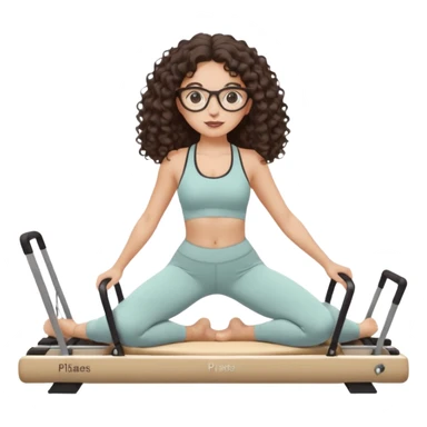 Memoji-style girl with long dark brown curly hair, round glasses, large brown eyes, soft rounded face,makeup, warm beige skin tone, wearing Pilates activewear performing Pilates and reformer Pilates exercises on a reformer machine, pastel color palette, smooth soft shading sticker