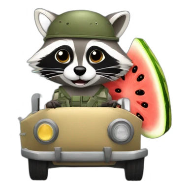 A military raccoon with a watermelon at the wheel of a car sticker