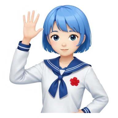 Anime girl with short bright blue hair wearing Japanese sailor style school uniform, composed posture with hand on hip but shyly waving with other hand, blushing face and timid smile sticker