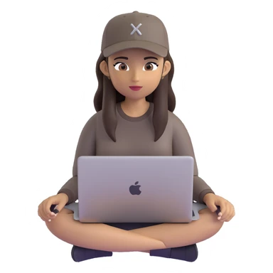 A professional 3D avatar of a young woman with olive skin and long, dark brown hair, wearing a dark, long-sleeved dark taupe shirt and a black baseball cap. She's sitting at a sleek wooden desk, typing on a silver MacBook. sticker