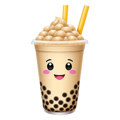 Taiwan bubble milk tea with giant tapioca pearls and wide straw, simplified emoji style with bold outlines and bright colors, cartoon style boba drink sticker
