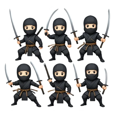 Ninjas with different types of weapons: seryuken, stars, nunchucks, swords, spears, sickles sticker