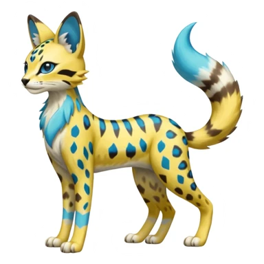 Colorful Yellow Meloetta-Sergal-Serval-Genet-Pokémon-Digimon-Fakémon-fusion-hybrid-creature with Cyan stripes and blue leopard-spot-markings  sticker
